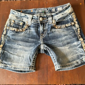 Miss me denim mid shorts with embroidered floral designs & rhinestones size 26
